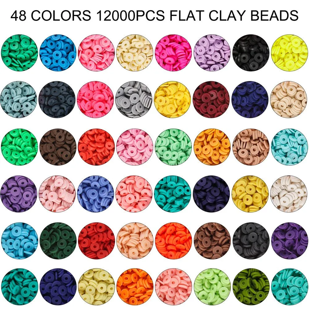 12000Pcs Flat Polymer Clay Beads Kit 48 Colors,6Mm Heishi Beads for Bracelets Necklaces Jewelry Making Gifts for Girls Ages 6-12