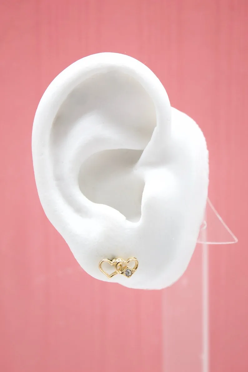 18K Gold Filled Gold Hearts Stud Earrings With A Cubic Zirconia Stone