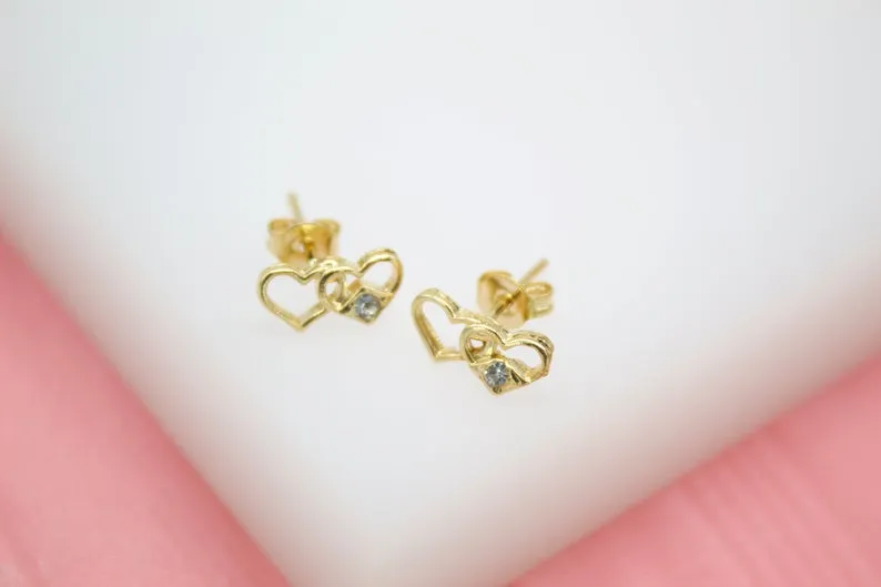 18K Gold Filled Gold Hearts Stud Earrings With A Cubic Zirconia Stone