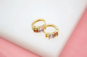 18K Gold Filled Huggies Earrings With MultiColor Oval CZ Cubic Zirconia Stones (L73) (Style YY)