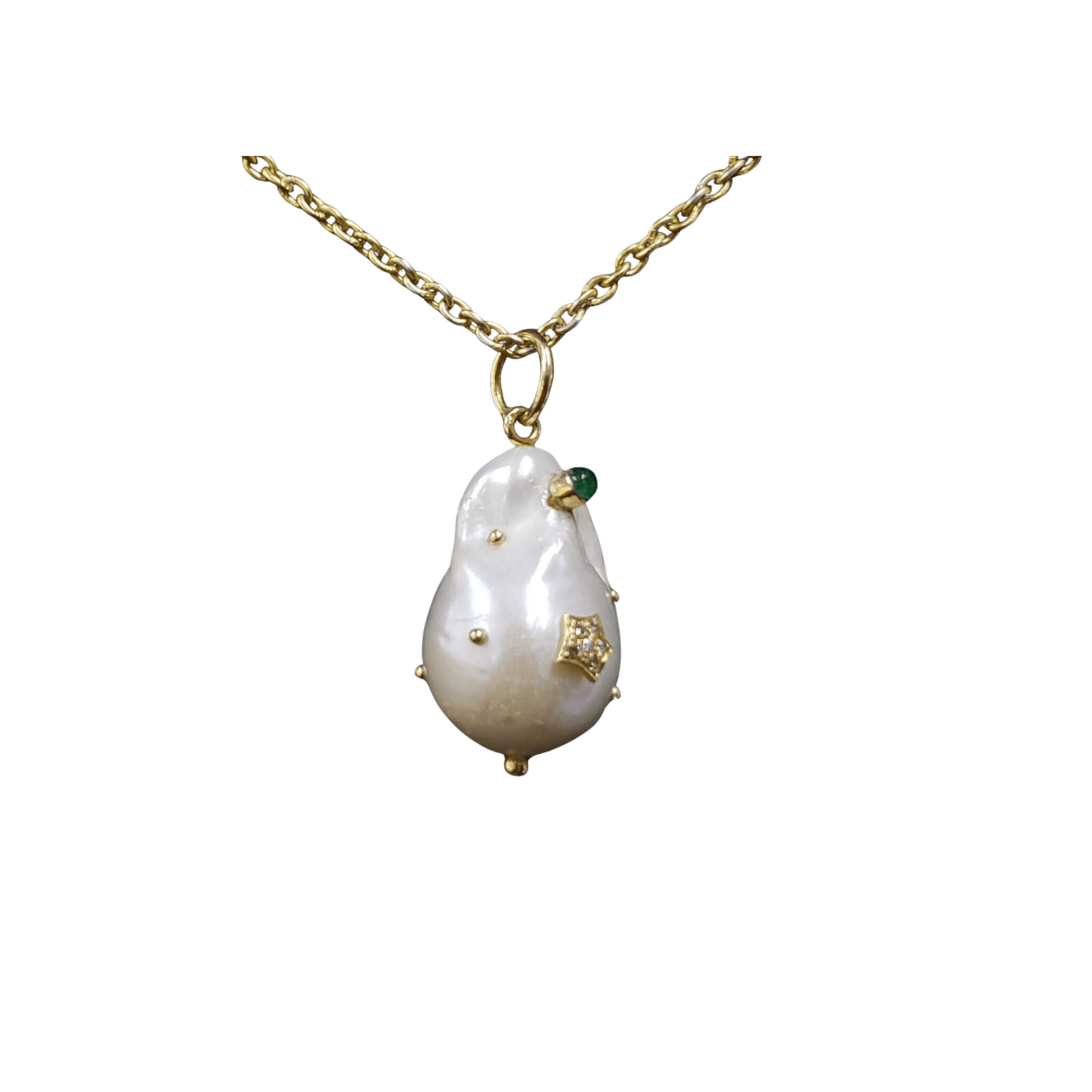 18k Gold Natural Baroque Pearl Pendant With Diamond, Ruby & Emerald