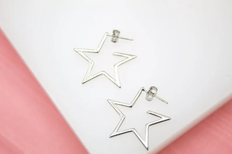 18K Rhodium Filled Open Star Hoop Modern Minimalist Stud Earrings