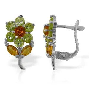 2.12 Carat 14K Solid White Gold Flowers Stud Earrings Peridot Citrine