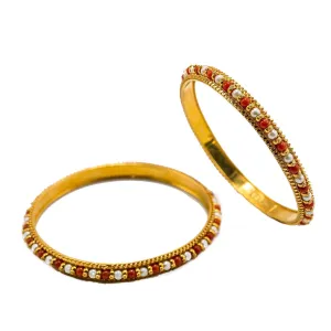 22K Yellow Gold Bangles Set of 2 W/ Pearls & Ruby Bead Accents