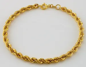 9ct Yellow Gold Hollow Rope Chain Bracelet 19cm / 7.5 inch