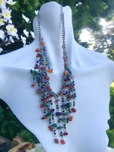 Artisan Multi strand Multicolor Amethyst Stone Rocks Waterfall Bib Necklace