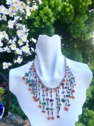 Artisan Multi strand Multicolor Amethyst Stone Rocks Waterfall Bib Necklace