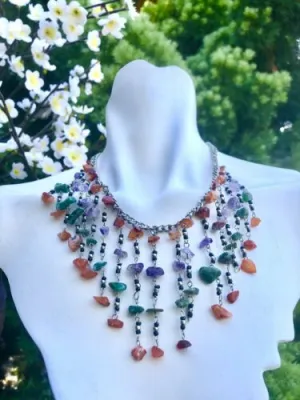 Artisan Multi strand Multicolor Amethyst Stone Rocks Waterfall Bib Necklace