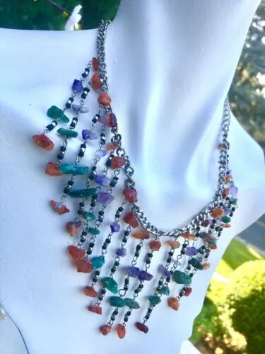 Artisan Multi strand Multicolor Amethyst Stone Rocks Waterfall Bib Necklace