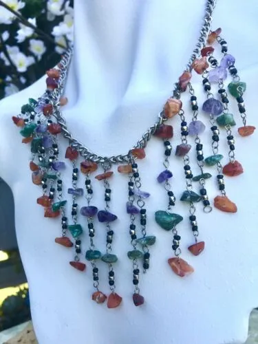 Artisan Multi strand Multicolor Amethyst Stone Rocks Waterfall Bib Necklace