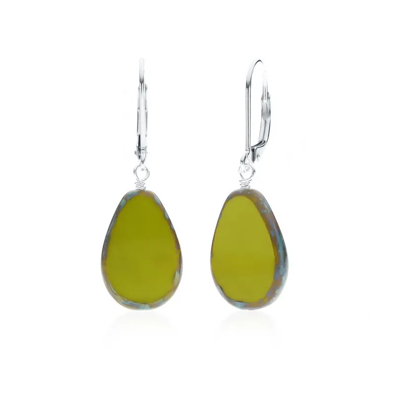 Avocado Green Glass Beaded Teardrop Earrings