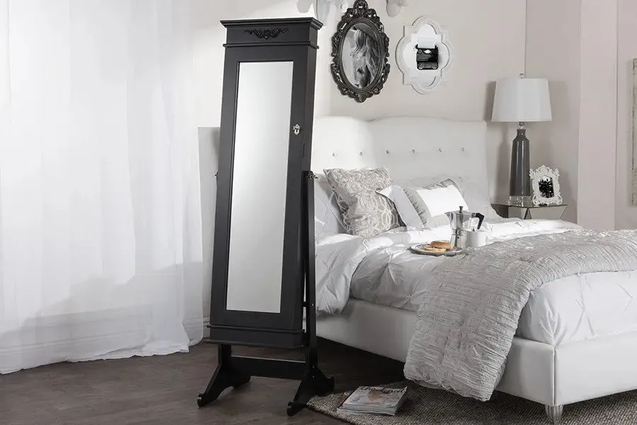 Bimini Black Finish Wood Crown Molding Top Free Standing Full Length Cheval Mirror Jewelry Armoire