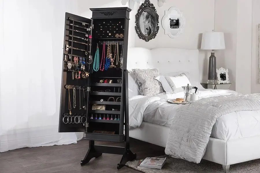 Bimini Black Finish Wood Crown Molding Top Free Standing Full Length Cheval Mirror Jewelry Armoire