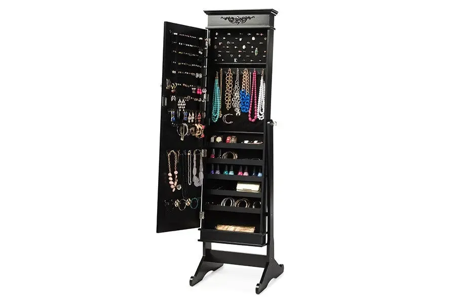 Bimini Black Finish Wood Crown Molding Top Free Standing Full Length Cheval Mirror Jewelry Armoire