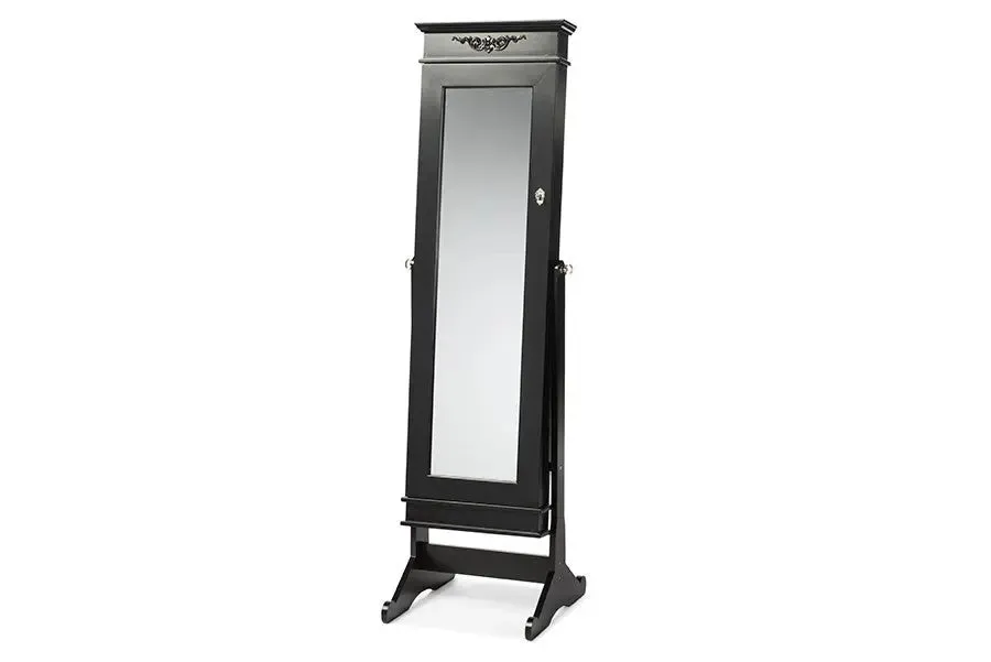 Bimini Black Finish Wood Crown Molding Top Free Standing Full Length Cheval Mirror Jewelry Armoire