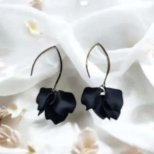 Black - flowers earrings | frosted petals hoop earrings | unique floral earrings | golden crumpled geometric floral bridal earrings