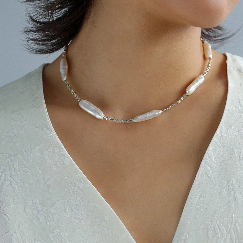 Broken Silver Toothpick Freshwater Pearl Necklaces