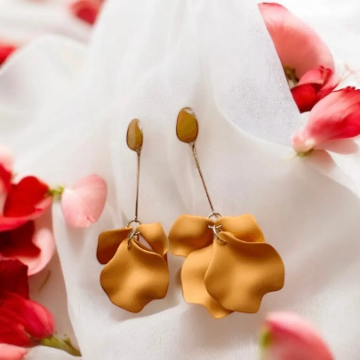 Brown -  caramel matte flower earrings | dangle petals statement earrings | unique golden bar floral earrings | bridal party wedding earrings