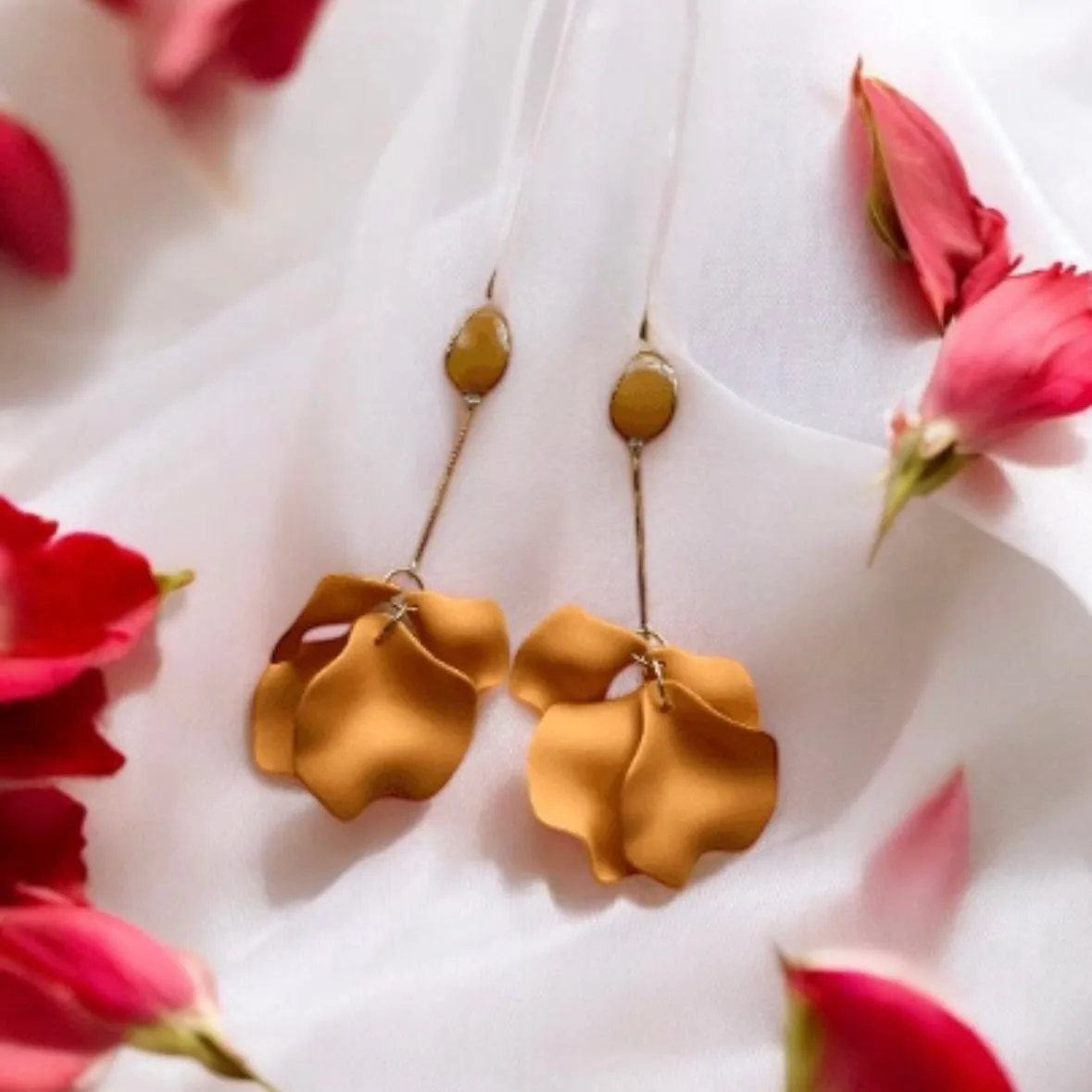 Brown -  caramel matte flower earrings | dangle petals statement earrings | unique golden bar floral earrings | bridal party wedding earrings