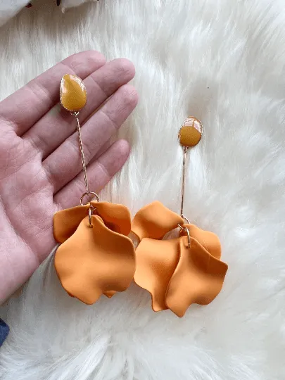 Brown -  caramel matte flower earrings | dangle petals statement earrings | unique golden bar floral earrings | bridal party wedding earrings