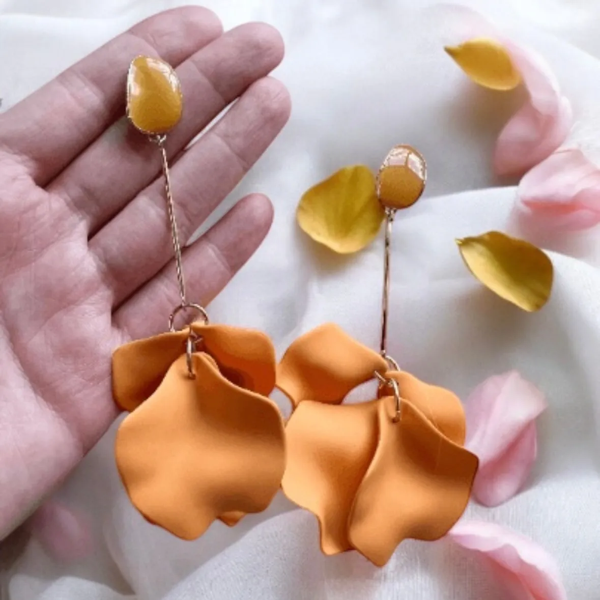 Brown -  caramel matte flower earrings | dangle petals statement earrings | unique golden bar floral earrings | bridal party wedding earrings