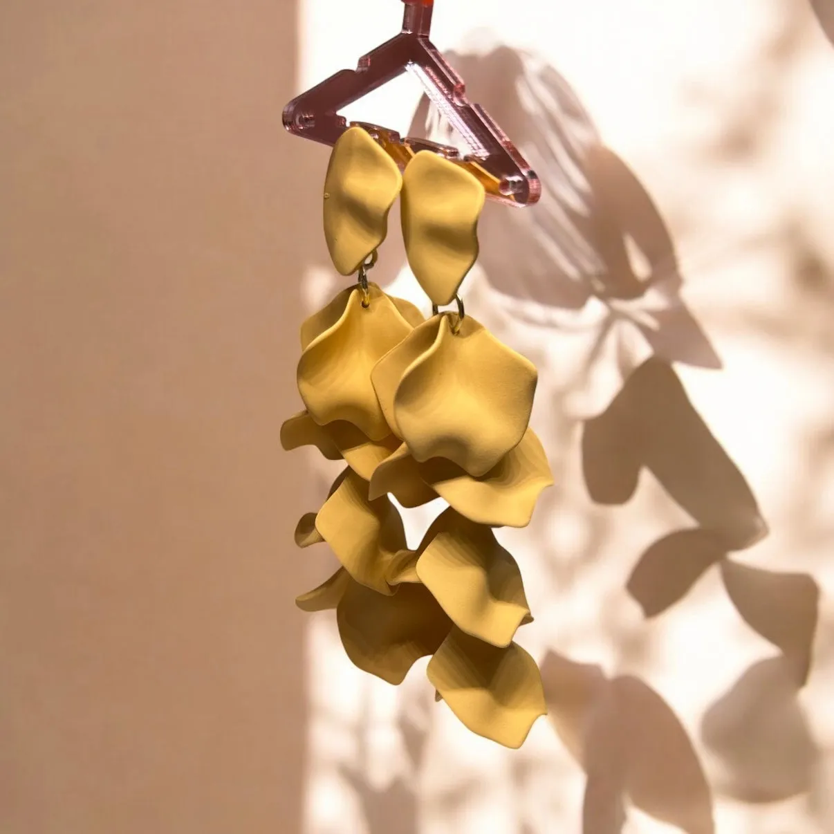 Brown - Mustard brown flower earrings | dangle petals baroque earrings | unique golden chain floral earrings | bridal party wedding earrings