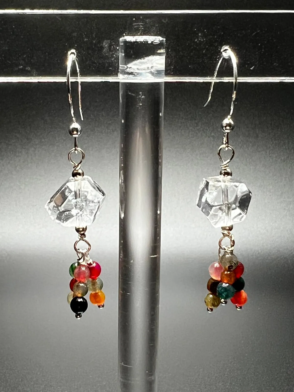 Clear Quartz, Multicolor Agate, and Sterling Silver Earrings