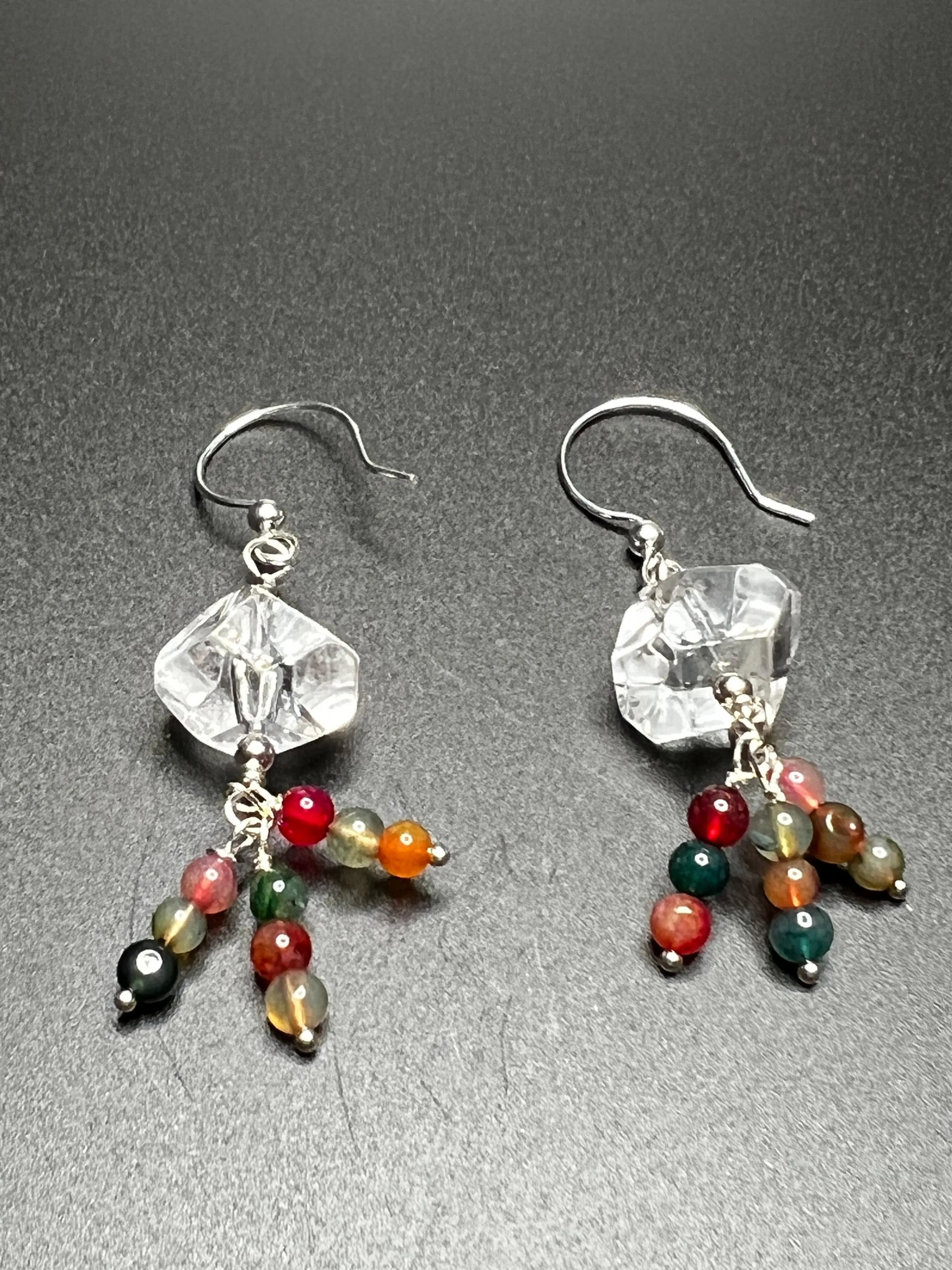 Clear Quartz, Multicolor Agate, and Sterling Silver Earrings