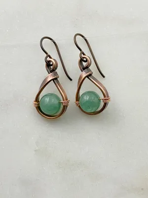 Copper teardrop hoops with aventurine