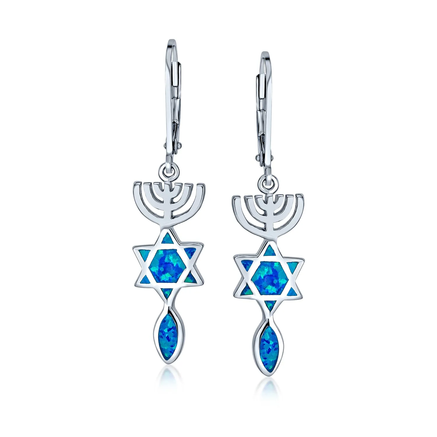 Created Blue Opal Judaica Menorah Star Dangle Gemstone Earrings Sterling Silver