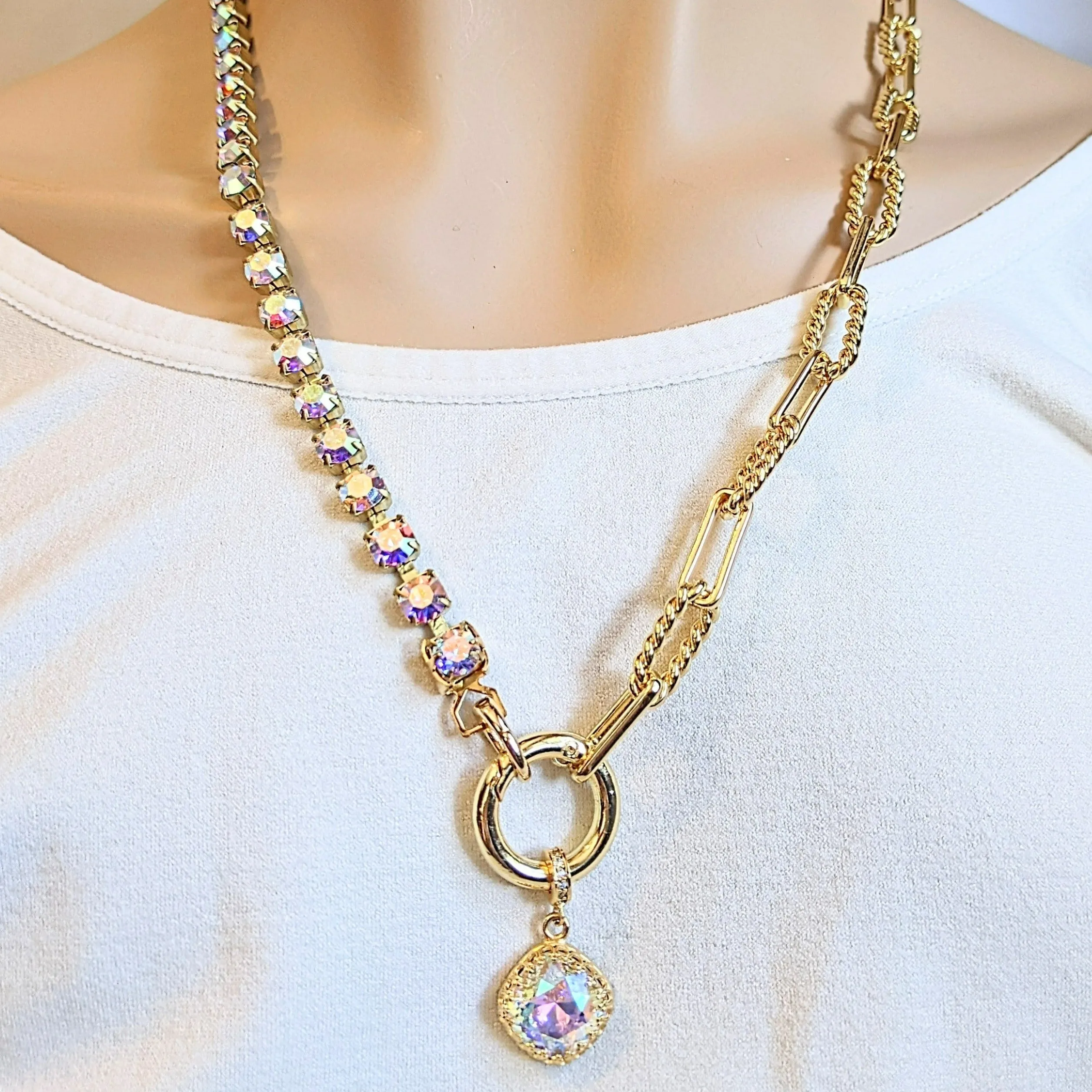 Crystal & Gold Snap Ring Necklace - 24 inch