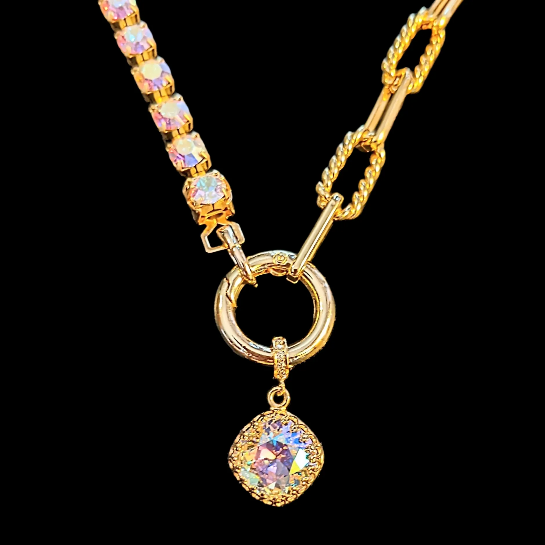 Crystal & Gold Snap Ring Necklace - 24 inch