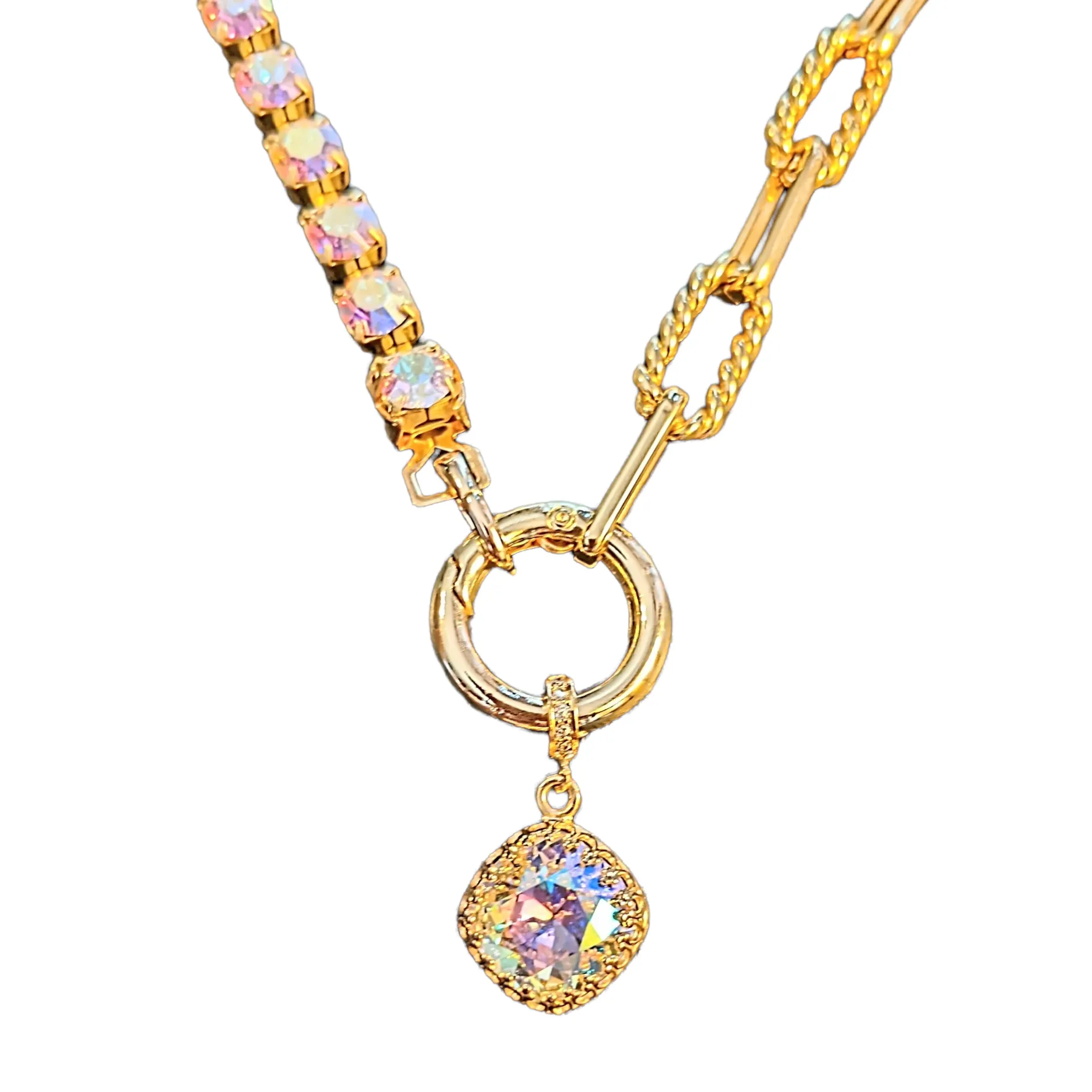 Crystal & Gold Snap Ring Necklace - 24 inch