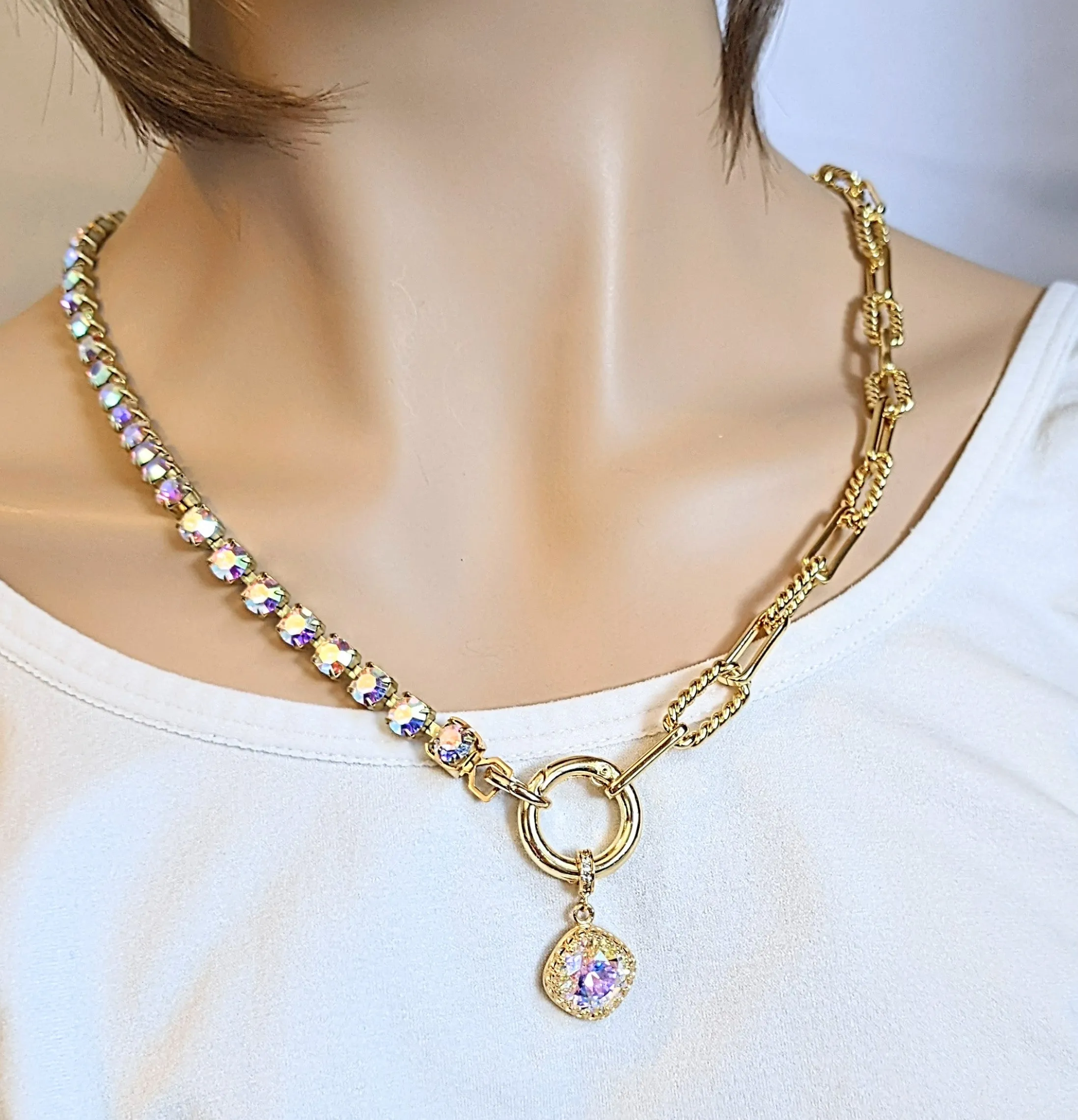 Crystal & Gold Snap Ring Necklace - 24 inch