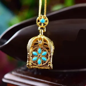 Designer IP Ancient Gold-Plated Birdcage Turquoise Pendant Necklace