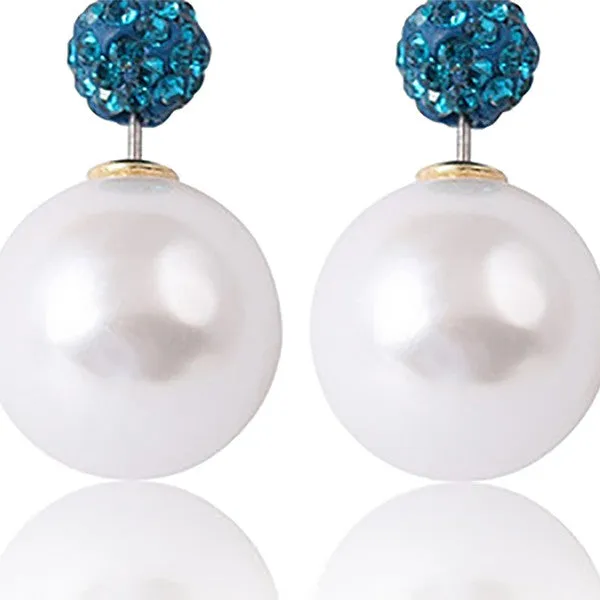 Double Pearl Crystal Earrings with Blue top