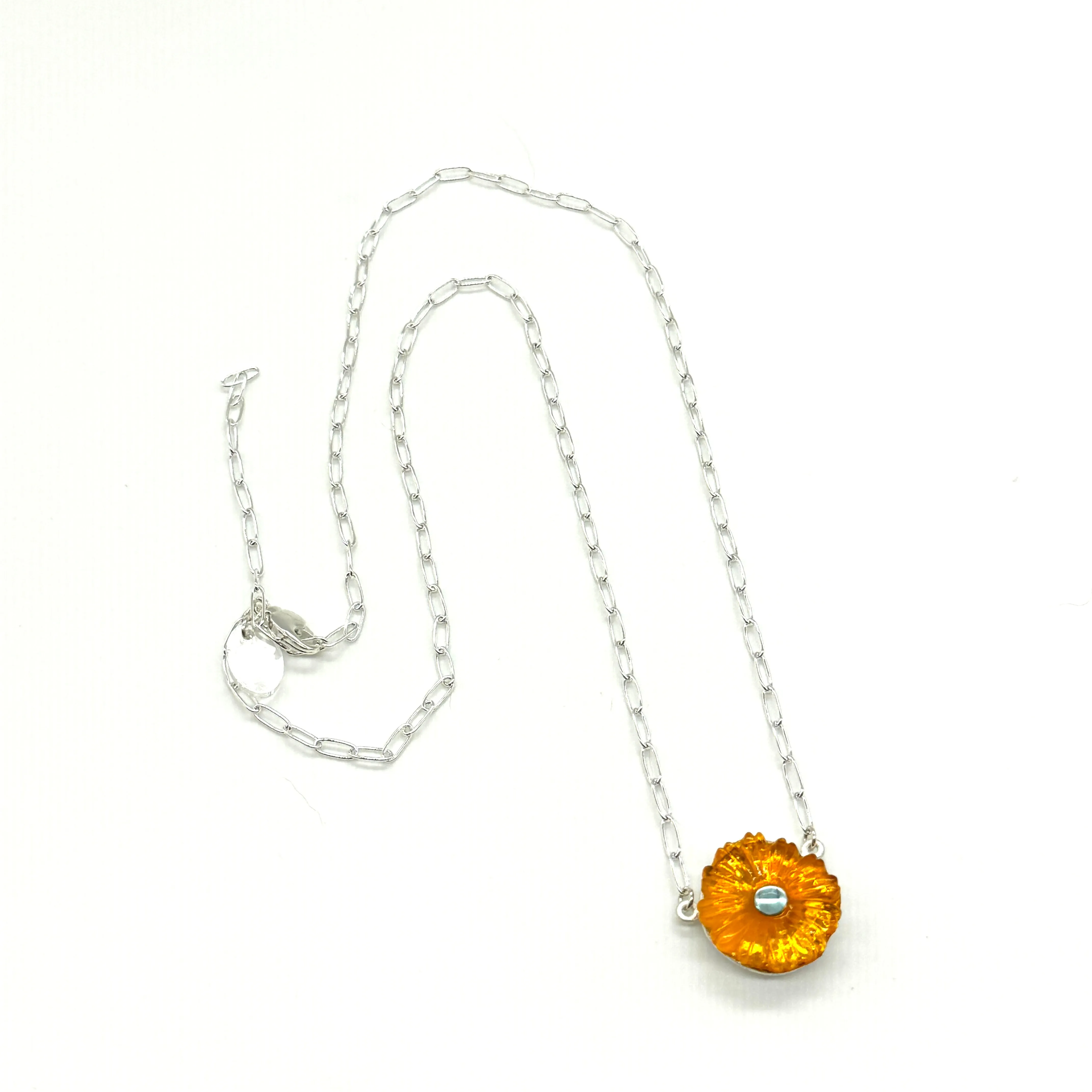 Flower Power Vintage Glass Necklace - Orange & Ice Blue Med