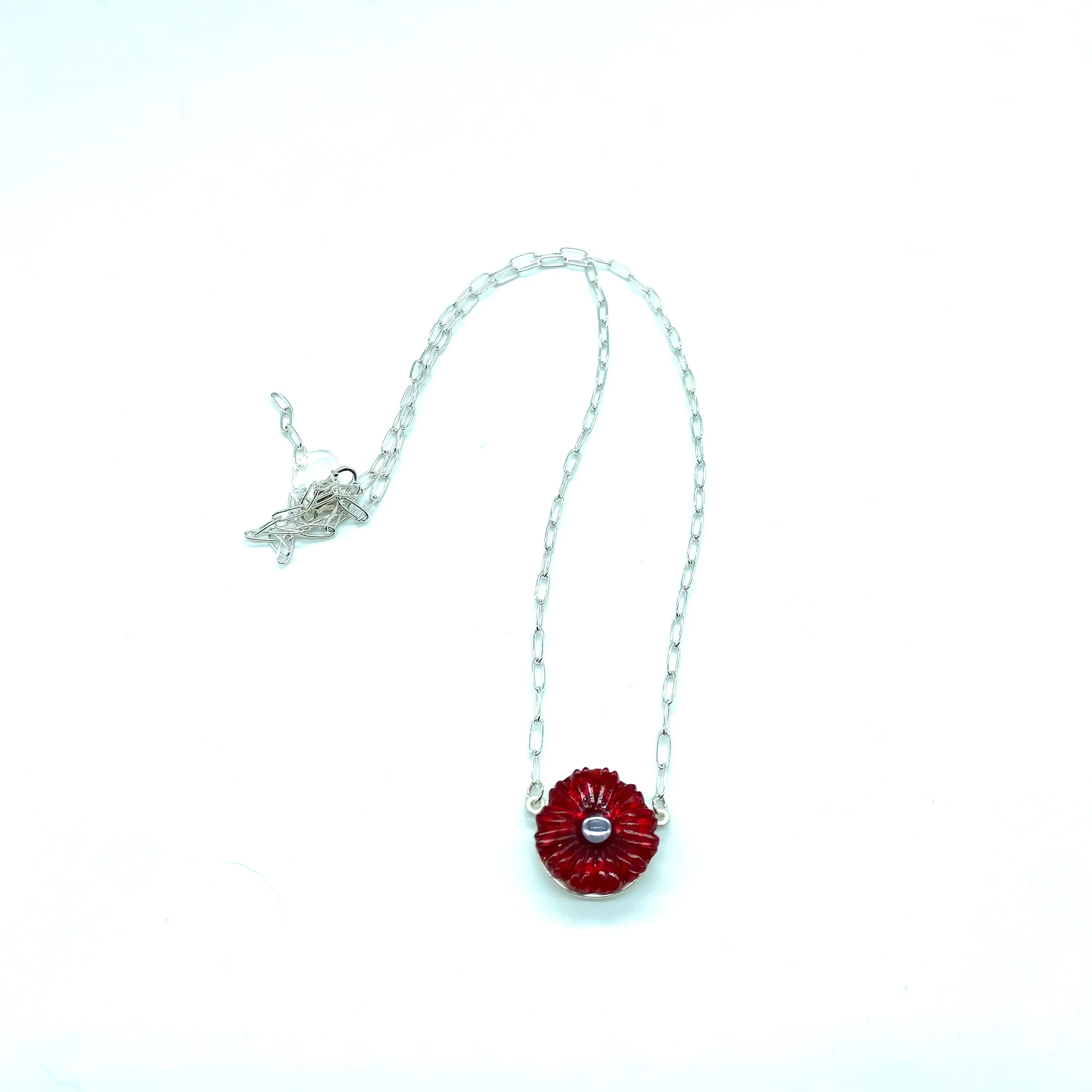 Flower Power Vintage Glass Necklace - Ruby Red & Clear Med