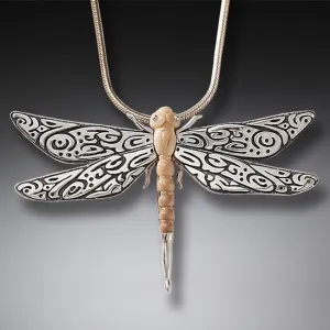 FOSSILIZED WALRUS IVORY SILVER DRAGONFLY PENDANT, HANDMADE - TRIBAL DRAGONFLY