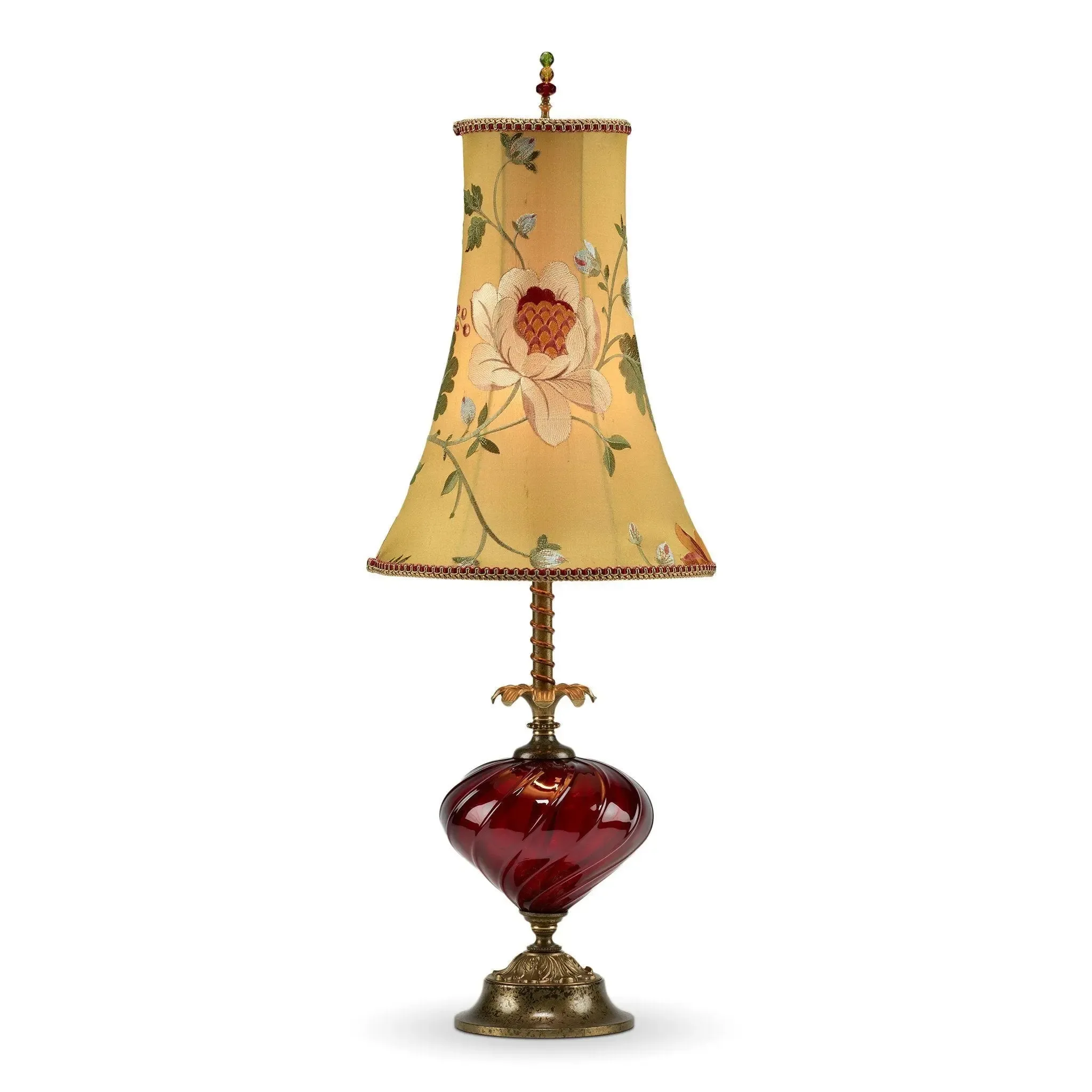 Frankie Table Lamp 102D57 by Kinzig Design, Gold, Burgundy, Green Blown Glass, Silk Shade