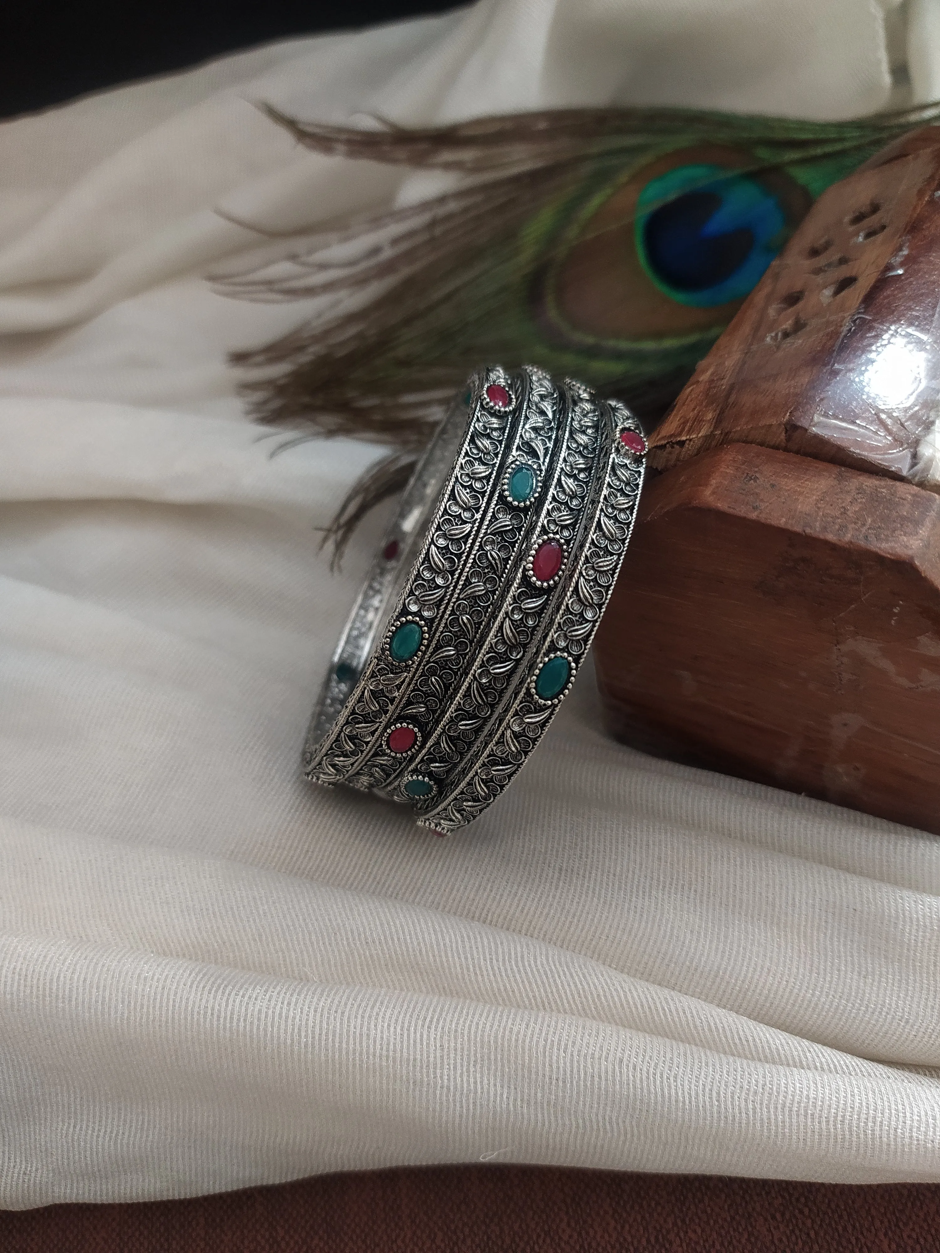 German Silver Oxidised Bangles with Ruby and Green Stones (Set of 4, Sizes 2.4, 2.6, 2.8)