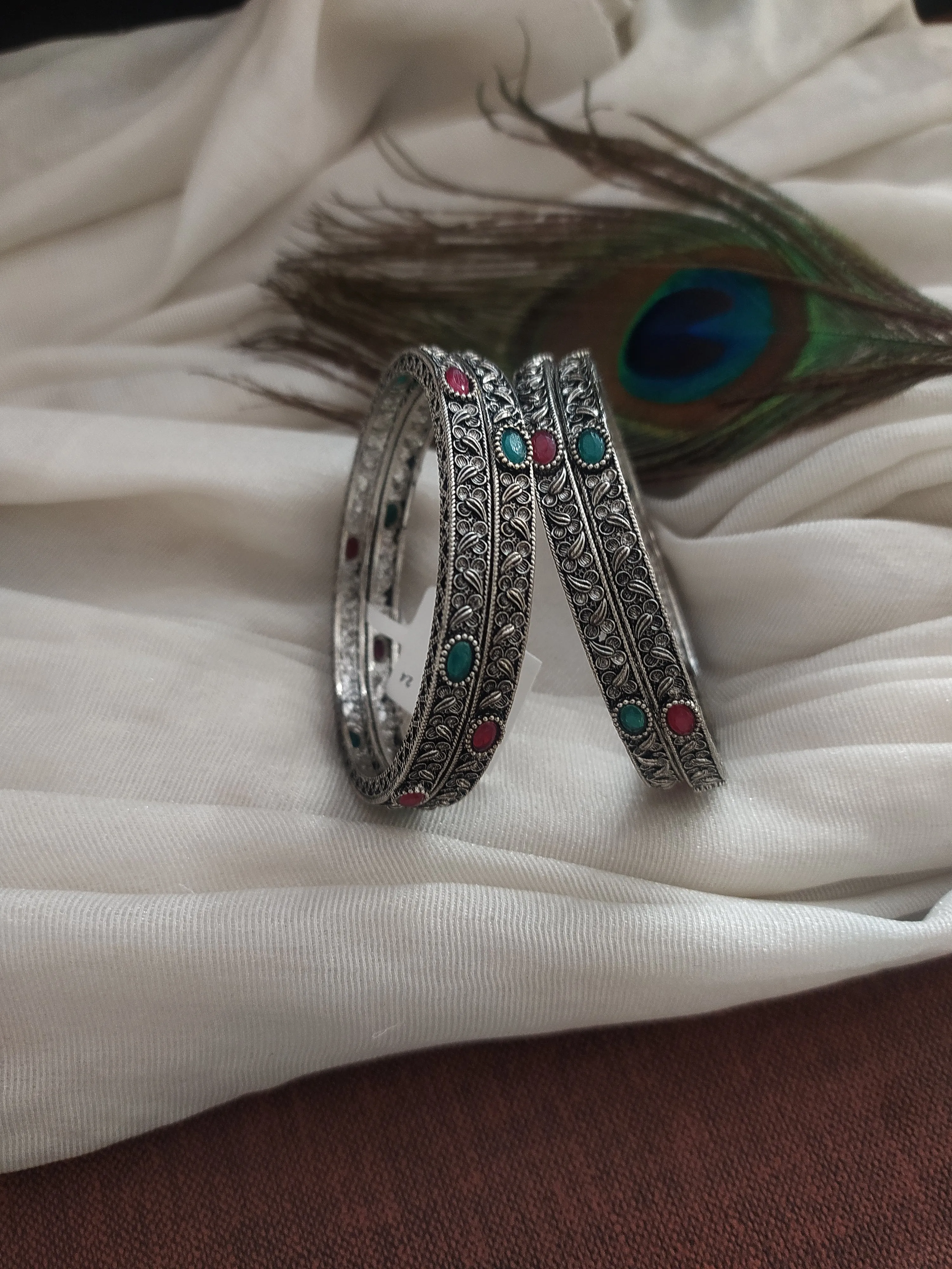 German Silver Oxidised Bangles with Ruby and Green Stones (Set of 4, Sizes 2.4, 2.6, 2.8)