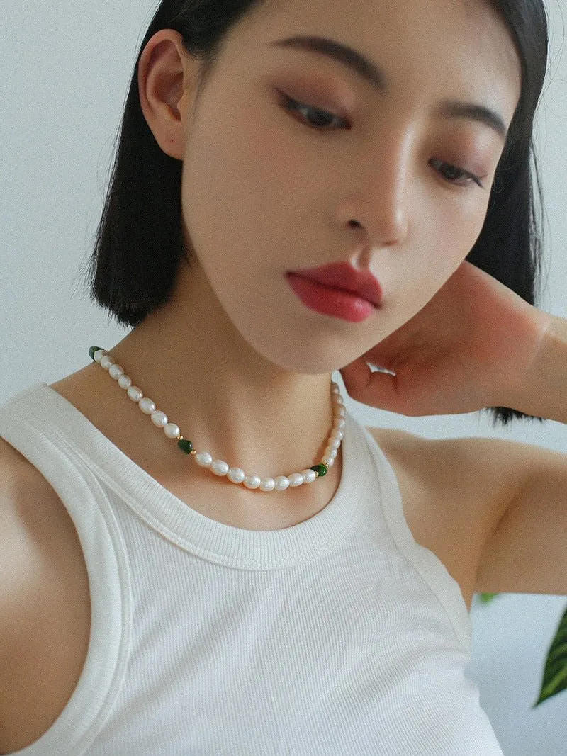 Green Stone Shaped Pearl Necklace