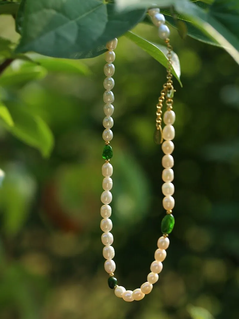 Green Stone Shaped Pearl Necklace