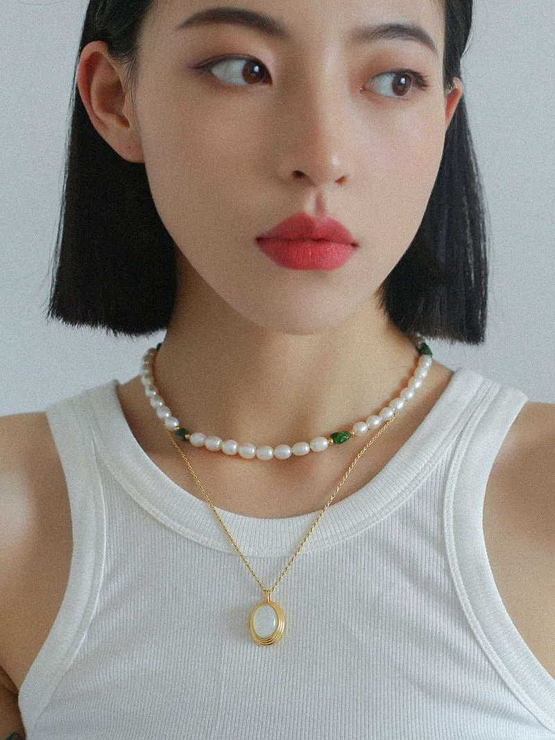 Green Stone Shaped Pearl Necklace