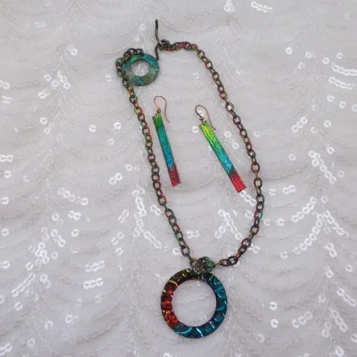 Handmade Rainbow Patina Pendant Necklace & Long  Drop Earrings