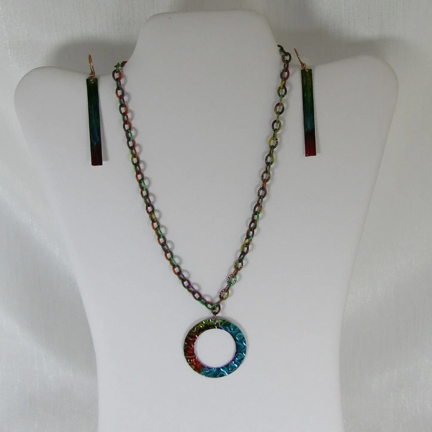 Handmade Rainbow Patina Pendant Necklace & Long  Drop Earrings