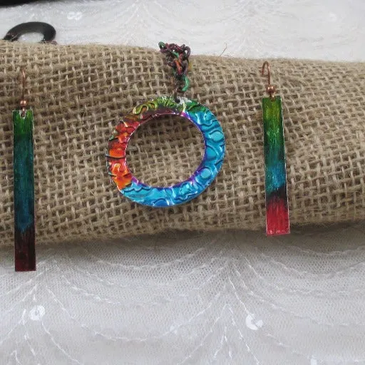 Handmade Rainbow Patina Pendant Necklace & Long  Drop Earrings