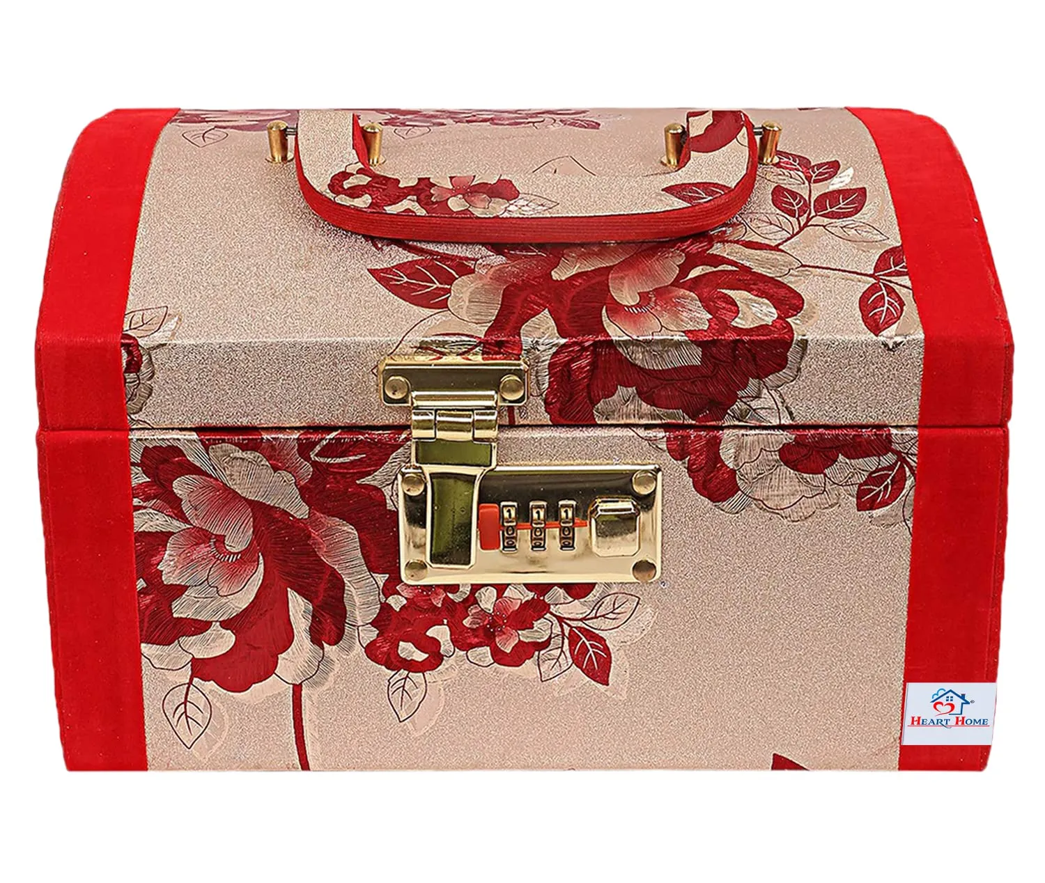 Heart Home Flower Printed Wooden Jewellery Box/Organizer For Storing Makeup, Jewellery, Bangles, Cosmetics & Toiletries Items With 1 Bangle Rod, Mirror & Number Lock System (Red)-47HH0533