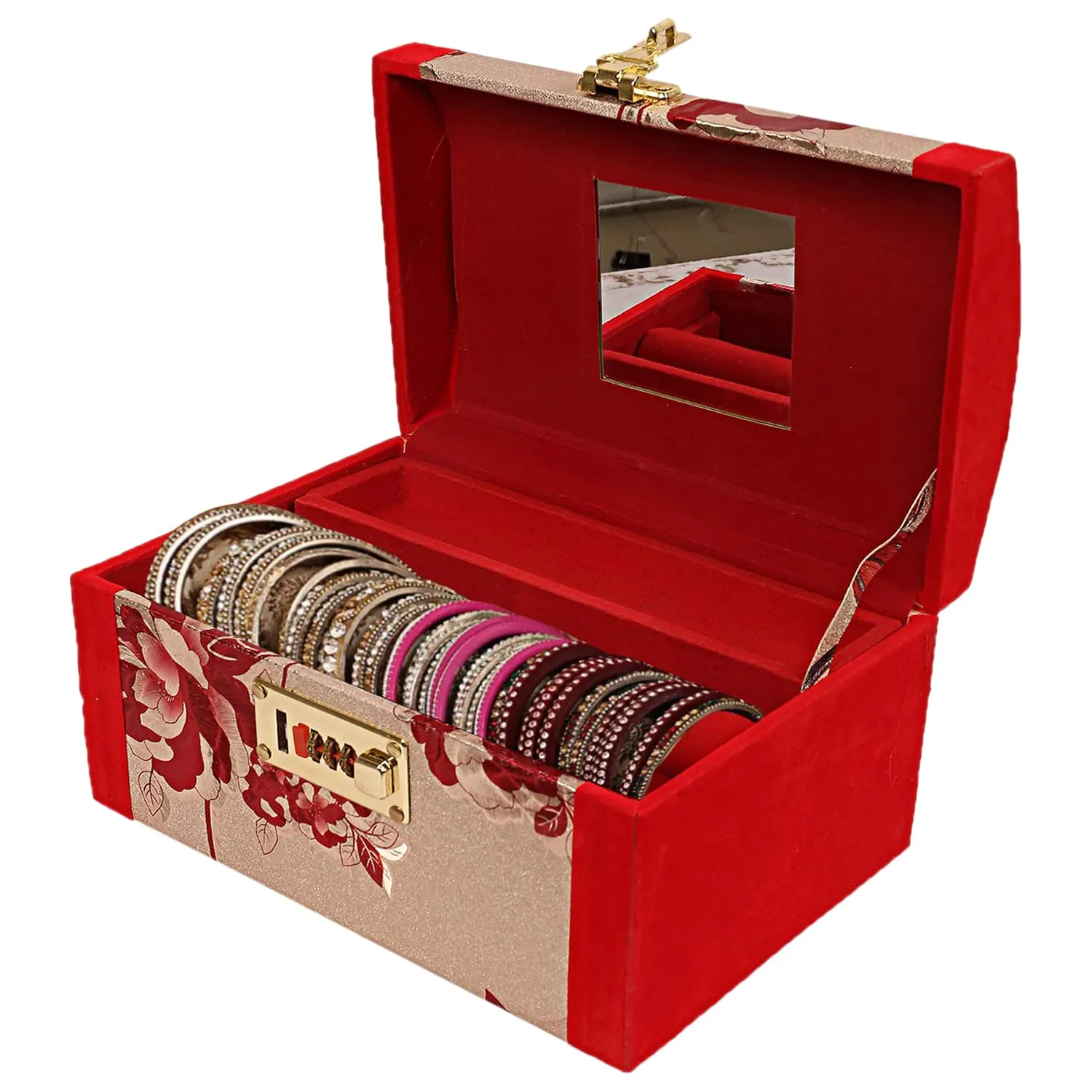 Heart Home Flower Printed Wooden Jewellery Box/Organizer For Storing Makeup, Jewellery, Bangles, Cosmetics & Toiletries Items With 1 Bangle Rod, Mirror & Number Lock System (Red)-47HH0533